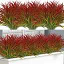 16 Bundles Artificial Plants Outdoor Fake Grass Greenery Stems UV Resistant Faux Plastic Plants Shrubs for Spring Summer Home Garden Pathway Window Box Front Porch Decor, Red
