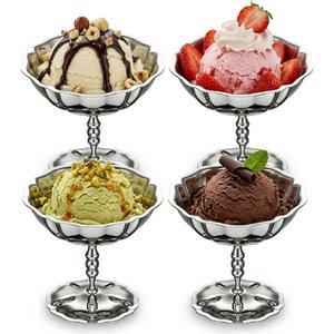 Ice Cream Cups Set of 4 Stainless Steel Dessert Bowls with Pedestal Base, Footed Bowl Lotus Design, Silver Bowls for Ice Cream, Yogurt, Fruit, Sundae