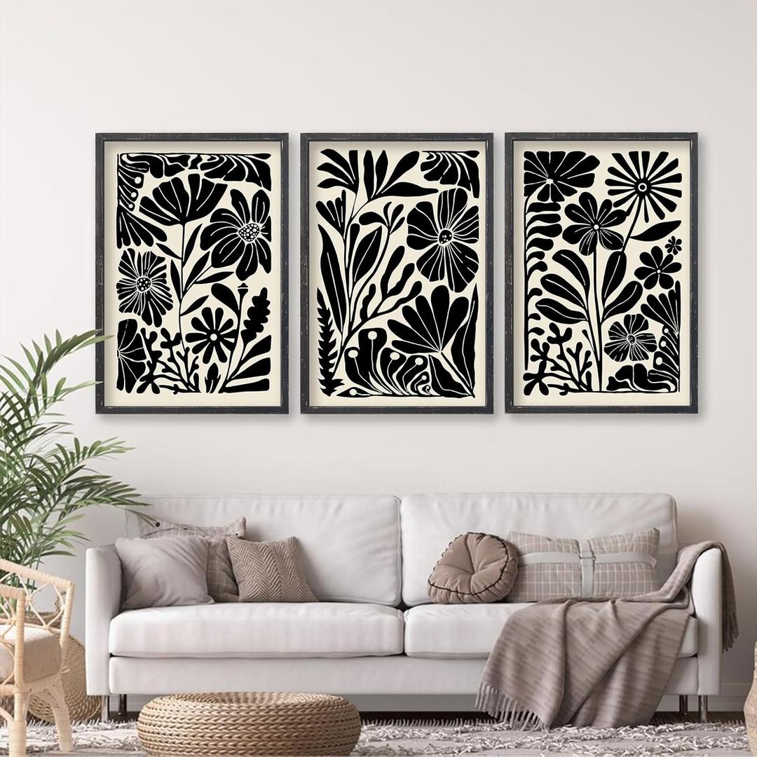 Abstract Floral Botanical Wall Art 16x24 Inch 3 Piece Black Vintage Boho Plant Flower Minimalist Wood Frame Sign Home Living Room Family Office Mid Century Print Wall Hanging Decor (Black)
