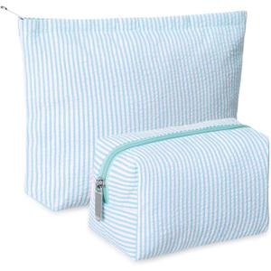 Huhumy 2 Pcs Makeup Bag Set Cute Cosmetic Pouch for Women Seersucker Travel Toiletry Bag Preppy Small Makeup Purse Pouch Aesthetic Skincare Brushes Storage Organizer for Valentine Women(Light Blue)