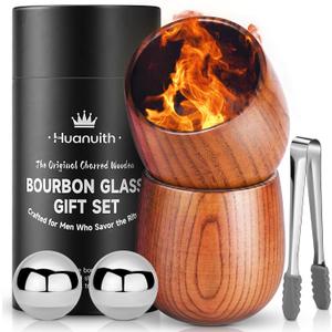 Whiskey Glasses Charred Wooden Bourbon Glass Set of 2, 10oz Handmade with Stones & Tongs  Unique Bourbon Gifts for Men Dad Husband, Ideal for Christmas Birthday Father's Day