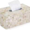 PEMAR Handmade Mother of Pearl Tissue Box Elegant Rectangular Capiz Shell Cover, Decorative Napkin Holder for Living Room, Bathroom, or Office Dcor (Max Inner Size 9.2"x5"x3.5", White Cream)
