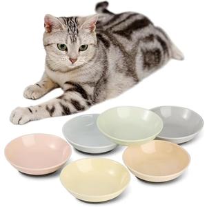 Ceramic Cat Food Bowl Set - 5.75 inch Colorful Cute Cat Dishes with Non Slip Pads - Wide Shallow Whisker Friendly - Microwave and Dishwasher Safe - 6 Pack - 8.5 oz