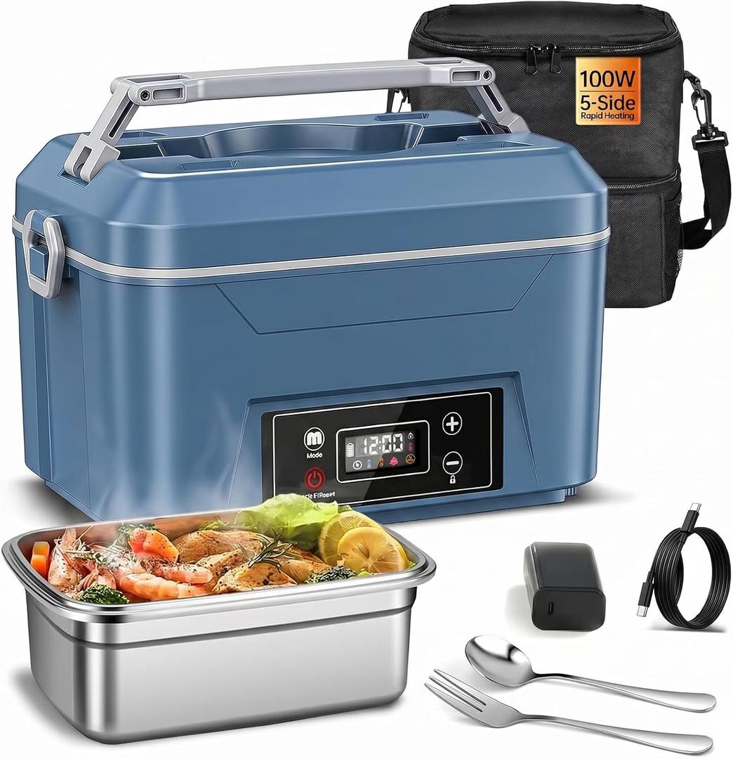 Cordless Electric Lunch Box for Adults, Heated Lunch Box Battery Powered with Automatic Heating, 5.5 Cups Portable Food Warmer with Carry Bag for Work & Travel(Blue)
