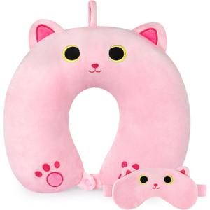 Kids Neck Pillow for Travel, Cute Cat Neck Pillow with Eye Mask for Sleeping Journey, Soft U-Shaped Travel Pillow for Airplane Car (Pink)