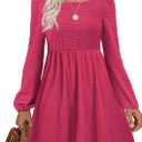 Womens Babydoll Dresses Square Neck Long Sleeve Knee Length Flowy Swing Shirring Mini Dresses Fall Dress (Medium, Hot Pink)