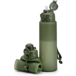 TakeToday Collapsible Water Bottles 32oz, Foldable Travel Water Bottle, BPA Free, Silicone Water Bottle Leakproof for Hiking, International Travel, Outdoors (Green)