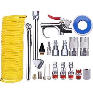 Air Compressor Kit, 1/4 Inch NPT Air Tool Kit with 1/4 Inch x 25Ft Coil Nylon Hose/Tire Gauge - 20 Pieces
