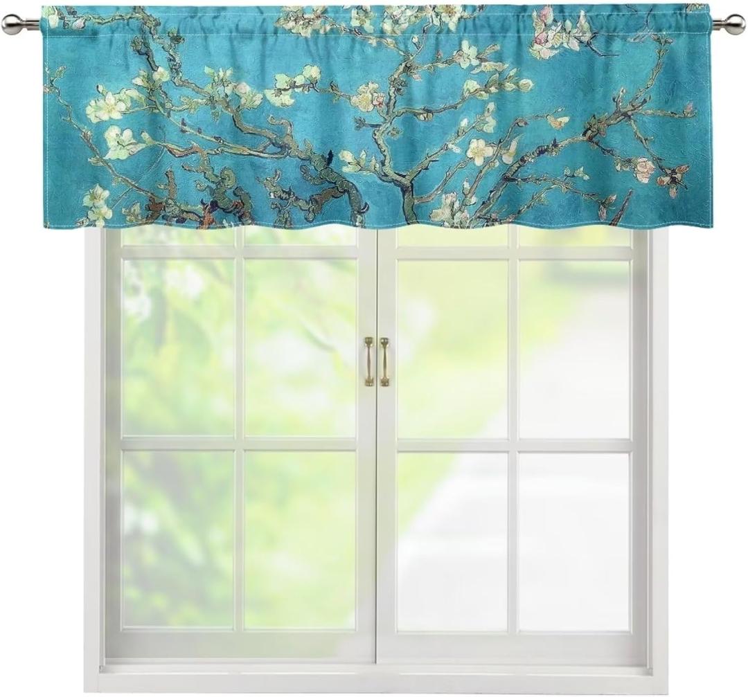 DISNIMO Almond Blossom Tree Oil Painting Valances for Windows 54 x 18 Rod Pocket Blackout Window Treatments Curtain for Kitchen Bedroom Living Room Decor 1 Pack