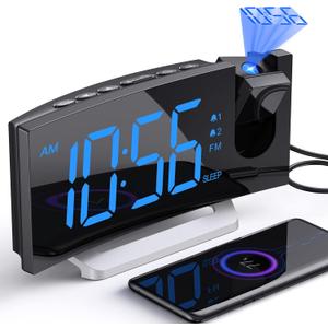 Projection Alarm Clock with FM Radio, USB Charging Port, 0-100% Dimmer, Dual Alarms, HD LED Display, 30 Preset Stations, Sleep Timer, 5 Alarm Sounds, Snooze, Curved Screen, Digital Clock for Bedroom (Blue)