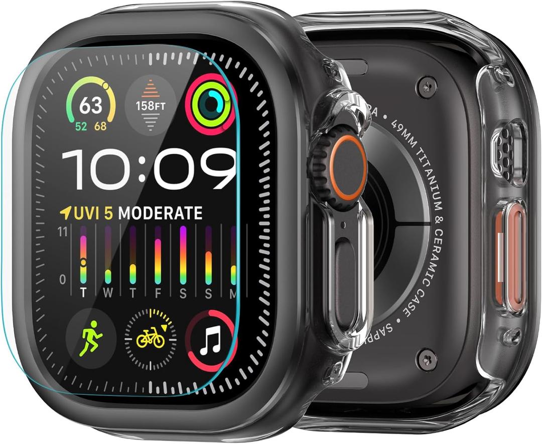 amBand Slim PC Case Screen Protector Cover for Apple Watch Ultra 2/Ultra 49mm Men Women, Protective Hard Bumper Thin Frame + 9H Tempered Glass Film, [Stylish] [Lightweight] [Waterproof], Black/Clear
