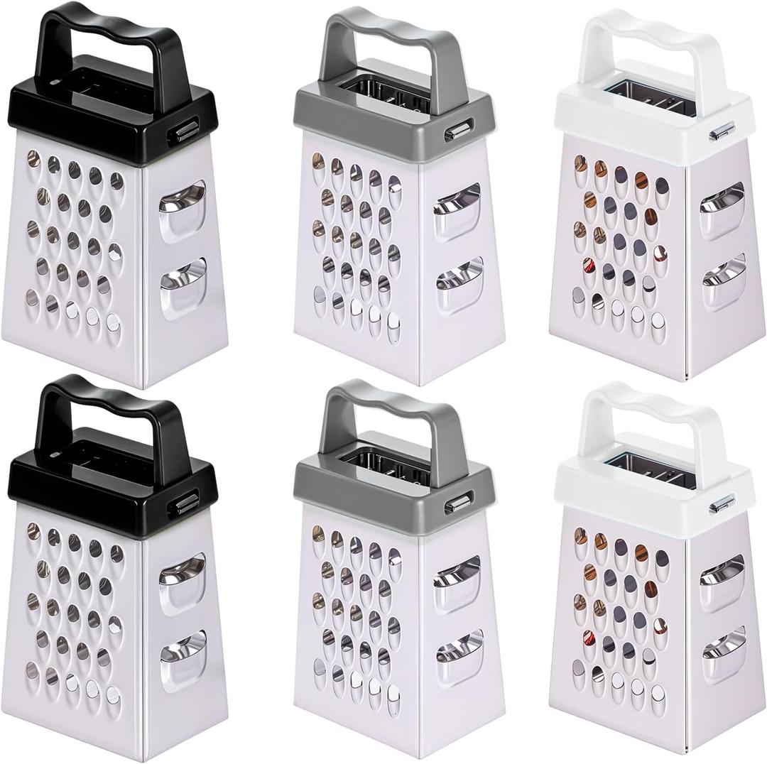 6 Pcs Mini Cheese Grater Professional Box Grater Stainless Steel Fine Coarse Handheld Slicer with 4 Sides Small Box Food Shredder Safe Zester for Kitchen Cheese Garlic Ginger Vegetable Potatoes (White+Black+Gray)