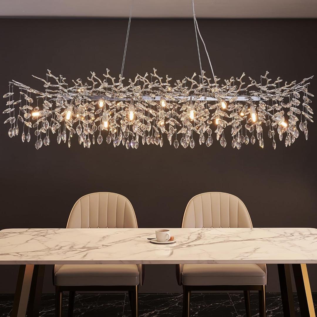 Tree Branch Chandelier Modern Gold Crystal Chandeliers 14 Lights Rectangular 47.2" Hanging Pendant Light Fixture for Kitchen Island Living Room Dining Room Foyer Entryway