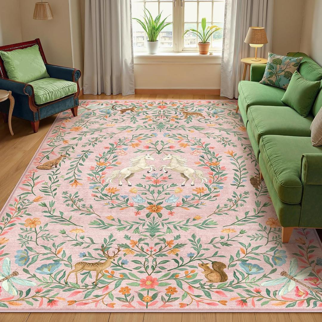 Machine Washable 5x7 Area Rugs for Living Room, Non Slip Soft Low Pile Unicorn Floral Farmhouse Moroccan Vintage Animal Playroom Girls Rugs for Bedroom, Large Carpet Rugs for Nurseries(Pink,5'x7')