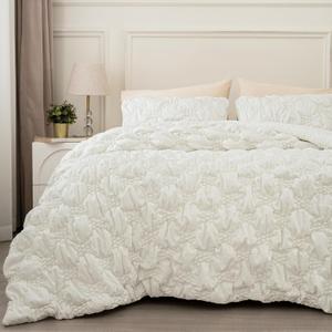 PHF Marshmallow Puff Comforter Set King Size, 3 Pieces Ultra Soft Lightweight Bedding Set for All Season, Pattern Textured 1 Comforter with 2 Pillow Shams, White 02
