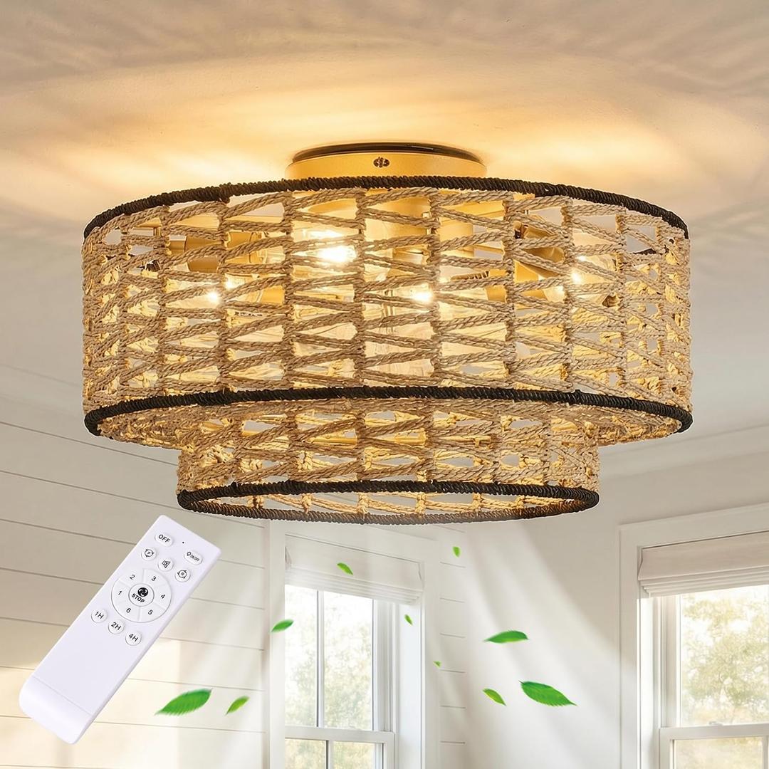 20" Boho Ceiling Fan Light with Remote Control, Double Layer Hand Woven Toast-Colored Rattan with Black Trim Flush Mount Fan Light with Lights for Bedroom, Living Room, Kitchen