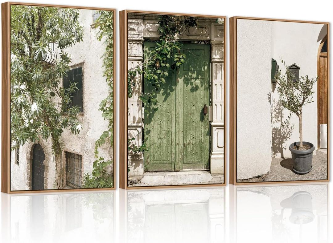 CHDITB Vintage Italy City Framed Wall Art, Nature Botanical Olive Green Wall Decor, Rustic Italian Landscape Painting, Modern Minimalist Country Art Prints for Living Room, Bedroom, Office 24"x36"x3