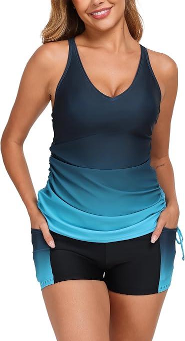 Halcurt Women's Two Piece Swimsuits Tankini Sets with Shorts and Pocket Tummy Control Drawstring Bathing Suit XL
