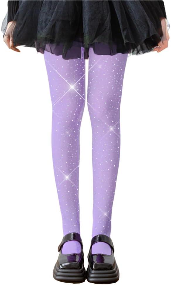 LUCKELF Girls Glitter Tights, Soft Opaque Tights Sparkle Rhinestone Tights School Dress Dance Stockings (6-8 Years, Light Purple)