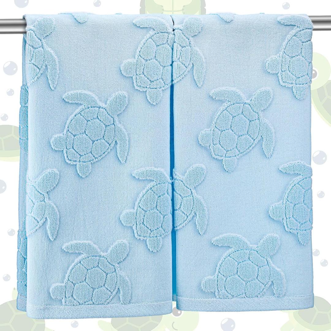 2 Pcs Sea Turtle Hand Towels Turtle Bathroom Decoration Jacquard Weave 100% Cotton Absorbent Dish Bath Towels for Kitchen Tropical Beach Bathroom Decor Gift