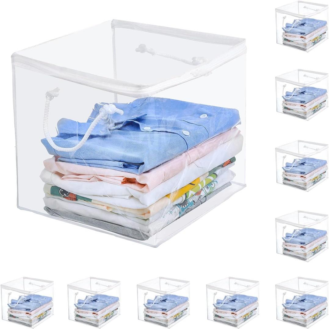 10-Pack Clear Zippered Storage Bags with Handles, Two-Way Zipper Foldable Closet Organizer, Bed Sheet Organizer, Plastic Storage Bin for Clothes, Towels (11.81*11.81*11.81 inches, White)