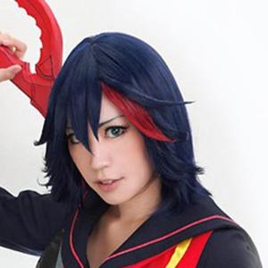 ANOGOL Hair Cap + Dark Blue Mixed Red Anime Cosplay Wig Girl Short Bob Hair For Anime Cosplay Women Dark Blue with Red Highlight Wig For Halloween Costumes