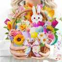 MZD8391 3D Pop Up Easter Flower Basket Card with Music & Lights – Bunny, Eggs, Lily, Tulip, Daisy Bouquet – Envelope Included – Gift & Decoration