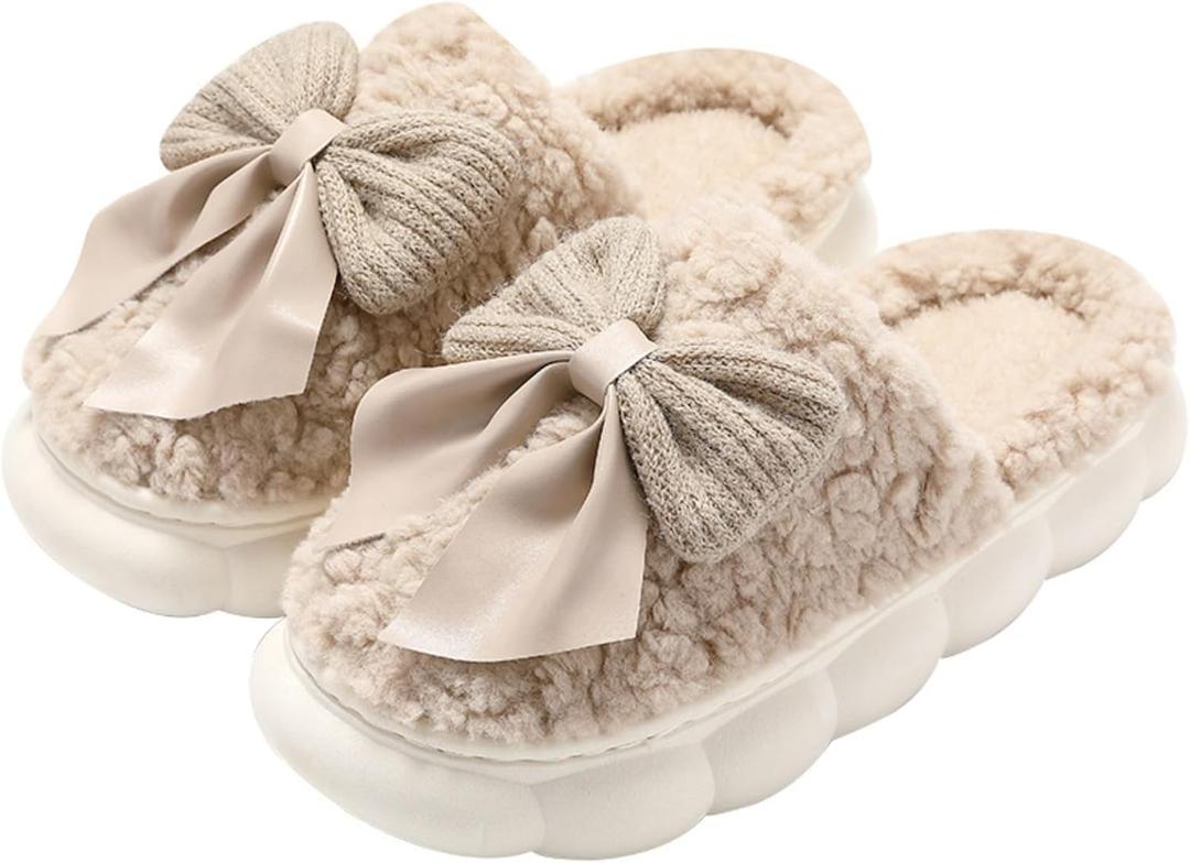 Plush Cute Bow Slippers for Women  Furry Comfy Indoor Outdoor Non-Slip House Slippers (7-8, Khaki)