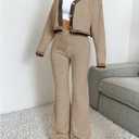 WDIRARA Women's Contrast Trim 2 Piece Outfit Button Down Crop Cardigan Wide Leg Pants Set Knit Outfits (Beige, M)