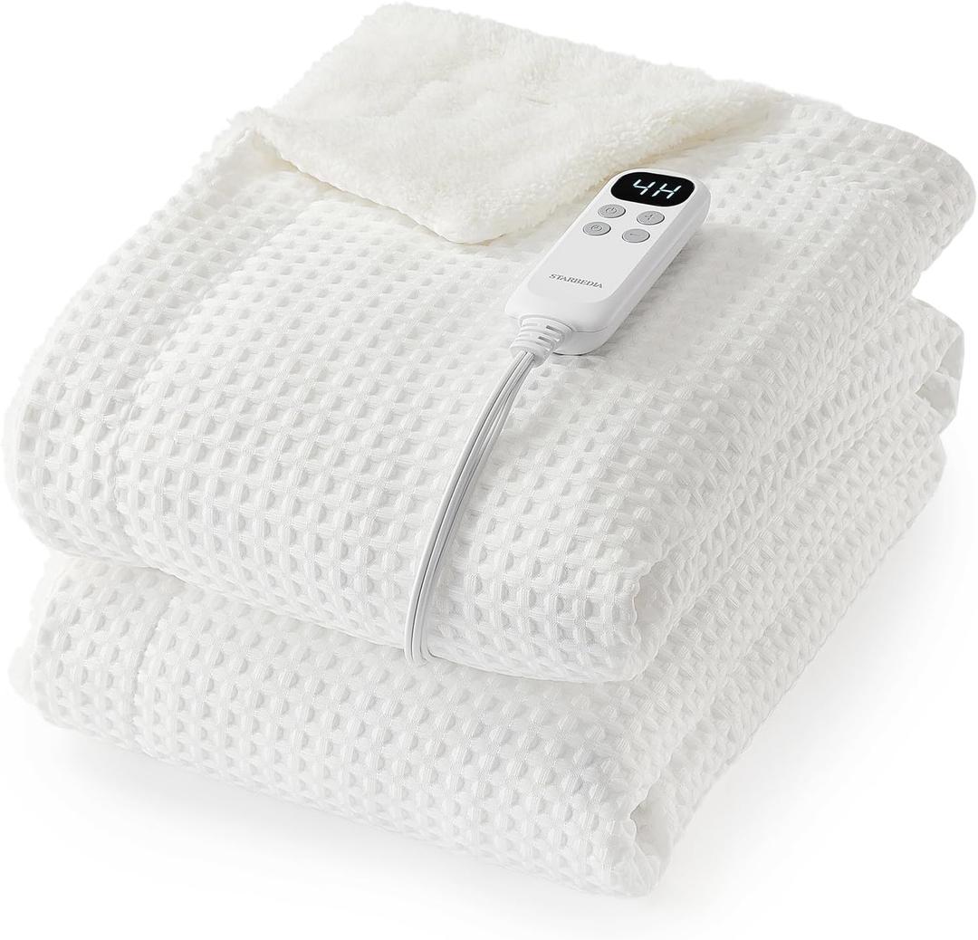 STARBEDIA Waffle Heated Throw Blanket, Machine Washable Electric Blankets Fast Heating with LCD Controller, 6 Heat Levels & 14H Time Settings, ETL Certified Heat Throw for Couch, White, 50" x 60"