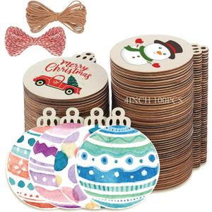 4" 100PCS Christmas Wooden Ornaments Unfinished, DIY Christmas Crafts for Kids Wood Slices DIY Crafts Supplies for Girls Adults, Xmas Ornaments Holiday Decoration (Round)