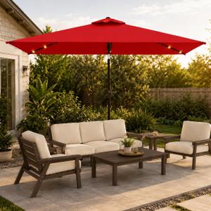 6.5 x 10ft Rectangular Patio Umbrella with Solar Lights, 16 LED Lighted Market Umbrella with Push-Button Tilt and Crank, 6 Sturdy Iron Ribs for Garden, Deck, Pool, Red