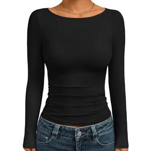 Trendy Queen Women's Boat Neck Tops Long Sleeve Shirts Casual Fitted Tee Shirts Solid Color Fall Basic Clothes 2026 Black XS, Was used
