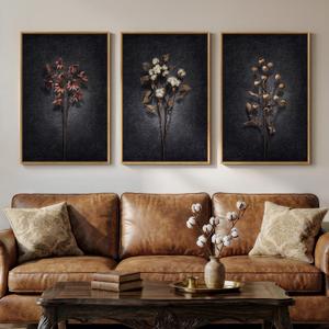 3 Piece Framed Moody Floral Wall Art for Living Room, Large Dark Black Vintage Botanical Canvas Artwork for Walls, Retro Flower Picture Prints Paintings for Kitchen Hallway Wall Decor, 24x36 Inch, 24W" x 36H"x3Pcs