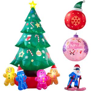 9ft Christmas Tree Decoration with Gingerbread Men Inflatable Outdoor Indoor Decor, Giant Blow Up Weatherproof Xmas Decorations for Yard, Built-in LED Rotating Light for Gardern Lawn Winter Holiday