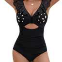 Blooming Jelly Women's One Piece Swimsuits Tummy Control Bathing Suit 2025 Petal Cutout Swim Suit Ruffle V Neck Swimwear (Large, Black)