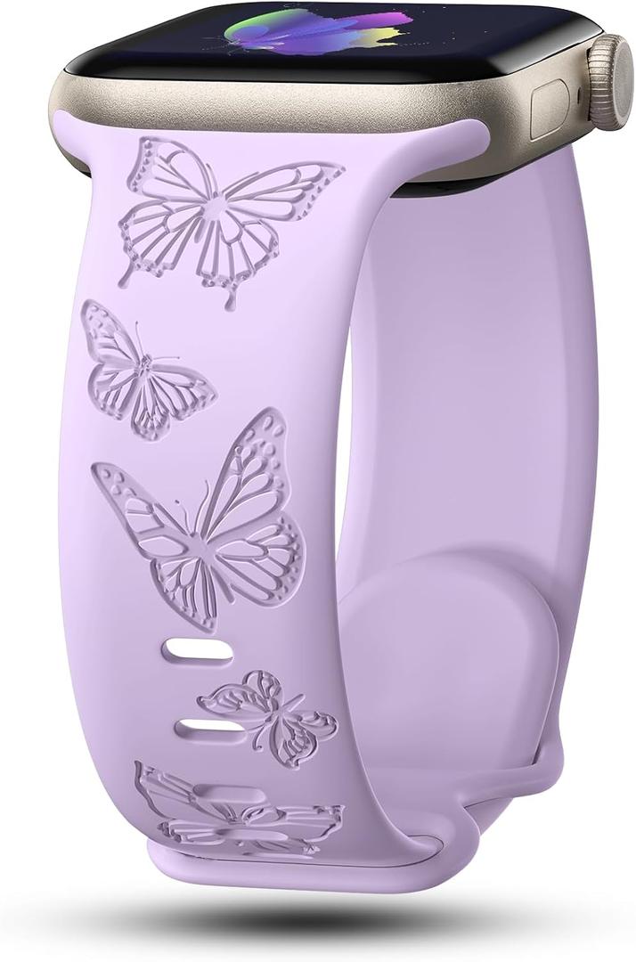 Butterfly Engraved Bands Compatible with Apple Watch Band, Size: 38/40/41/42mm(Series 10) Women, Silicone Sport Strap for iWatch