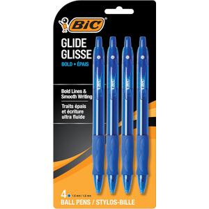 BIC Glide Bold Blue Ballpoint Pens, Bold Point (1.6mm), 4-Count Pack, Retractable Ballpoint Pens With Comfortable Full Grip