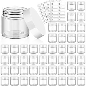 TUZAZO 48 Pack 2 Oz Small Plastic Container Jars with Lids and Labels BPA Free, Empty Round Clear Cosmetic Containers Plastic Slime Jars for Lotion, Cream, Ointments, Samples, Travel Storage (48)