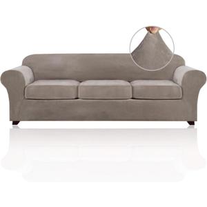 PrinceDeco Velvet Couch Covers for Sofa Soft 4 Pieces Couch Covers for 3 Cushion Couch Sofa Pet Friendly Furniture Protector with Non Slip Elastic Bottom Width Up to 97 Inch (Large Sofas, Taupe)