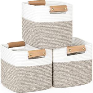 danpinera 11 Inch Storage Baskets, Woven Baskets for Organizing, 3 Pack Storage Cubes for Shelves, Closet, Nursery with Removable Leather Handles, White & Mixed Brown