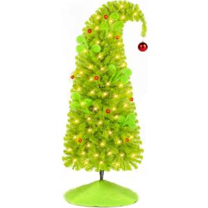 NEWISH Christmas Tree with Lights, 6ft Bendable Lime Green Artificial Christmas Tree Decorations with Stand, Red Ball, Green Tree Skirt, Ornaments, 25 Pcs DIY Xmas Tree for Home Party Decor