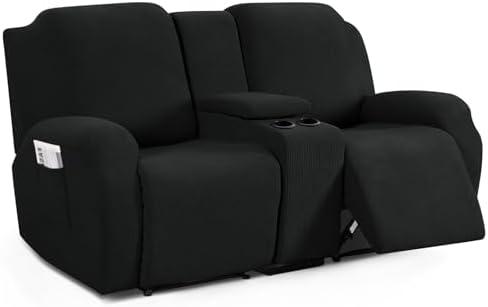 TAOCOCO Loveseat Recliner Cover with Middle Console, Stretch Loveseat Cover for 2 Seat Recliner Couch, Jacquard Reclining Sofa Covers Loveseat Slipcover Furniture Protector, Black, 73"D x 30"W x 35"H