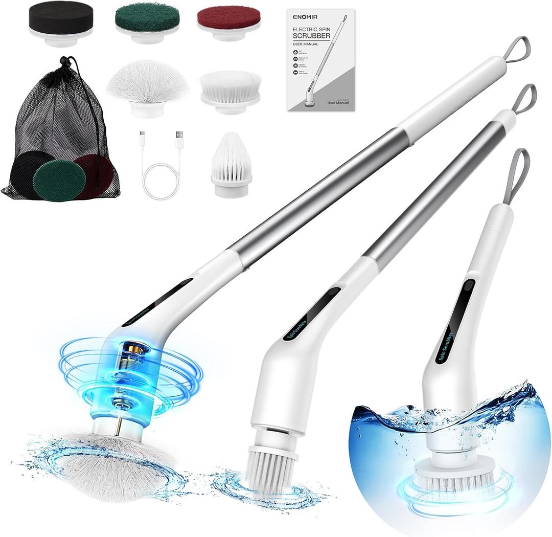 ENOMIR Electric Spin Scrubber - Full-Body IPX7 Waterproof, Cordless Shower Scrubber with Long Handle, 2 Speeds Power Cleaning Brush for Bathroom Tub, Kitchen, Floor