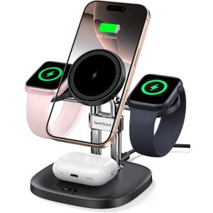 Dual Fast Charger for Apple Watch 11, Magnetic Wireless Charger Stand for iPhone Air/17 Pro Max/17 Pro/17/16/15/14, Charging Station for Apple Watch Ultra 3/SE 3/10/9/8/7/6, Airpods, SwanScout 709M (Black)