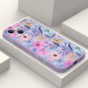 for iPhone 13 Case Fashion Flower Pattern Slim Liquid Silicone Dropproof for iPhone 13 Phone Cover 6.1 inch-Flower Purple