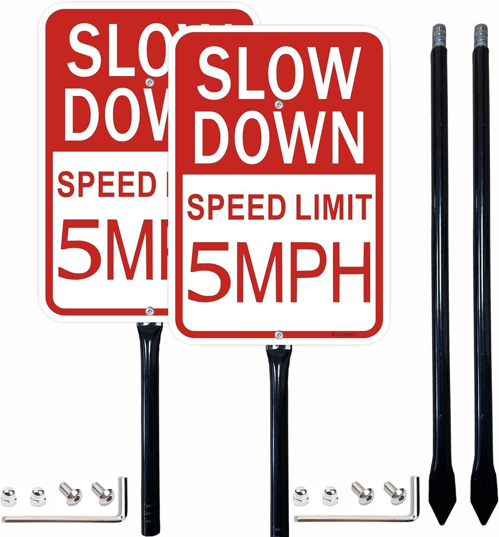 2 Pack Slow Down Sign, Speed Limit Sign 5 MPH, 36 Inches Metal Stakes, 14x10 Inches Reflective Aluminum, Fade Resistant, Easy to Install