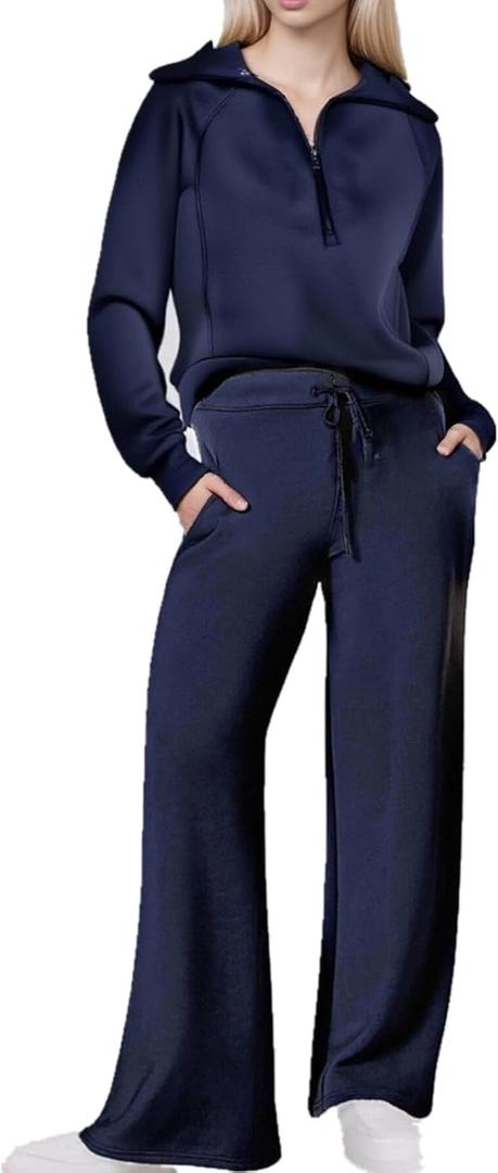RXGOY Women's 2 Piece Outfits 2025 Casual Half Zip Wide Leg Pants Tracksuit Sets Lounge Set Travel Vacation Sweatsuits (US, Alpha, Large, Regular, Regular, Darkblue)