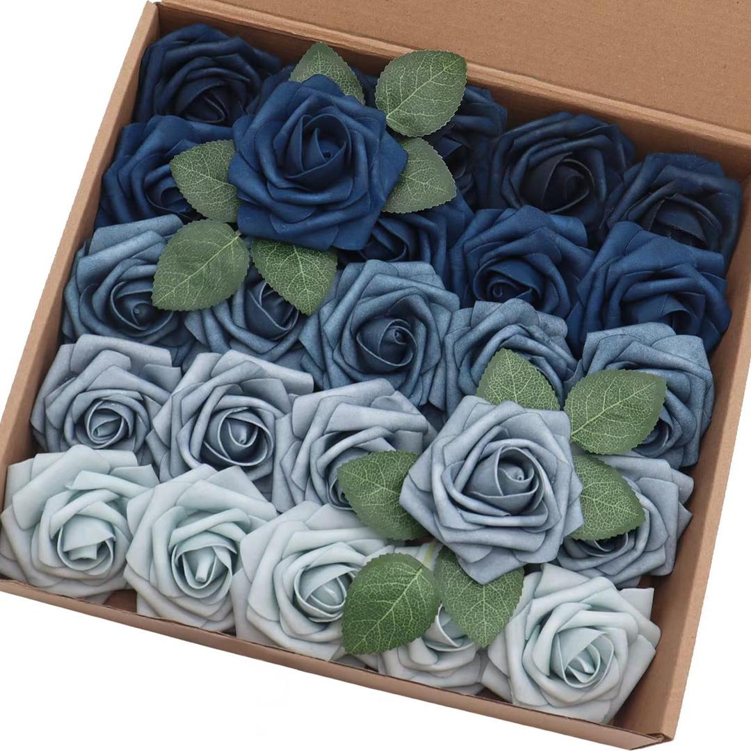J-Rijzen Artificial Flowers 25PCS Real Looking Blue Ombre Colors Foam Roses 5 Tones Fake Roses with Stems for DIY Wedding Bouquets Centerpieces Baby Shower Party Home Decorations
