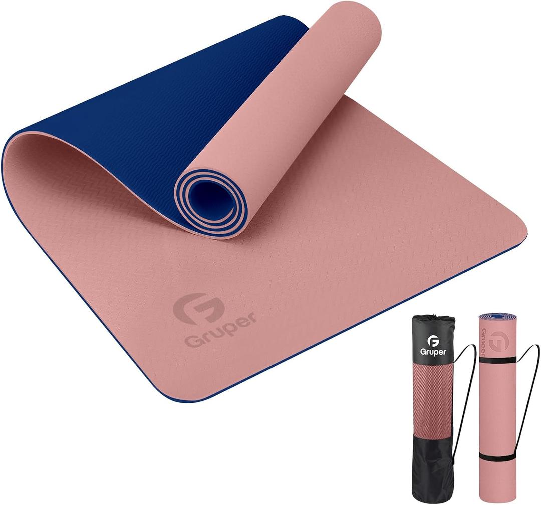 Gruper Yoga Mat Non Slip, Eco Friendly Fitness Exercise Mat with Carrying Strap,Pro Yoga Mats for Women,Workout Mats for Home, Pilates and Floor Exercises (0.24*24*72 Inches, 2.Pink / Navy Blue)